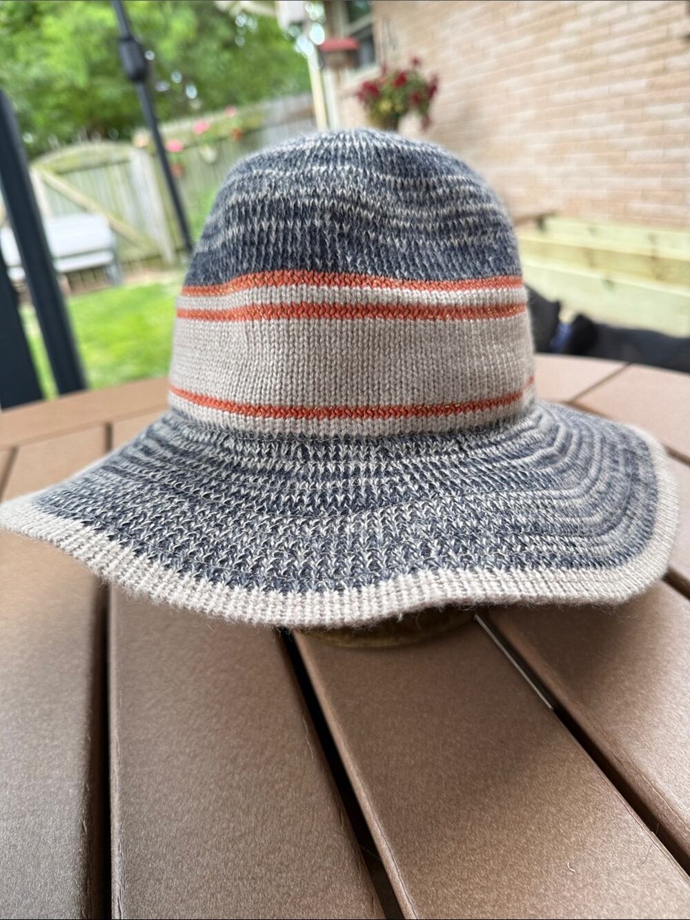 BCBG Striped Knit Panama Bucket Hat Blue Tan Orange